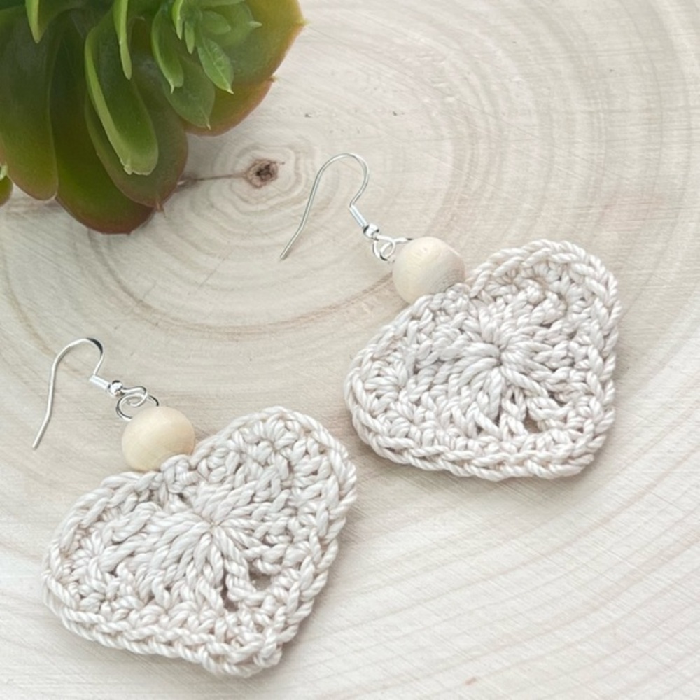 Crochet Boho Heart Beaded Handmade Earrings